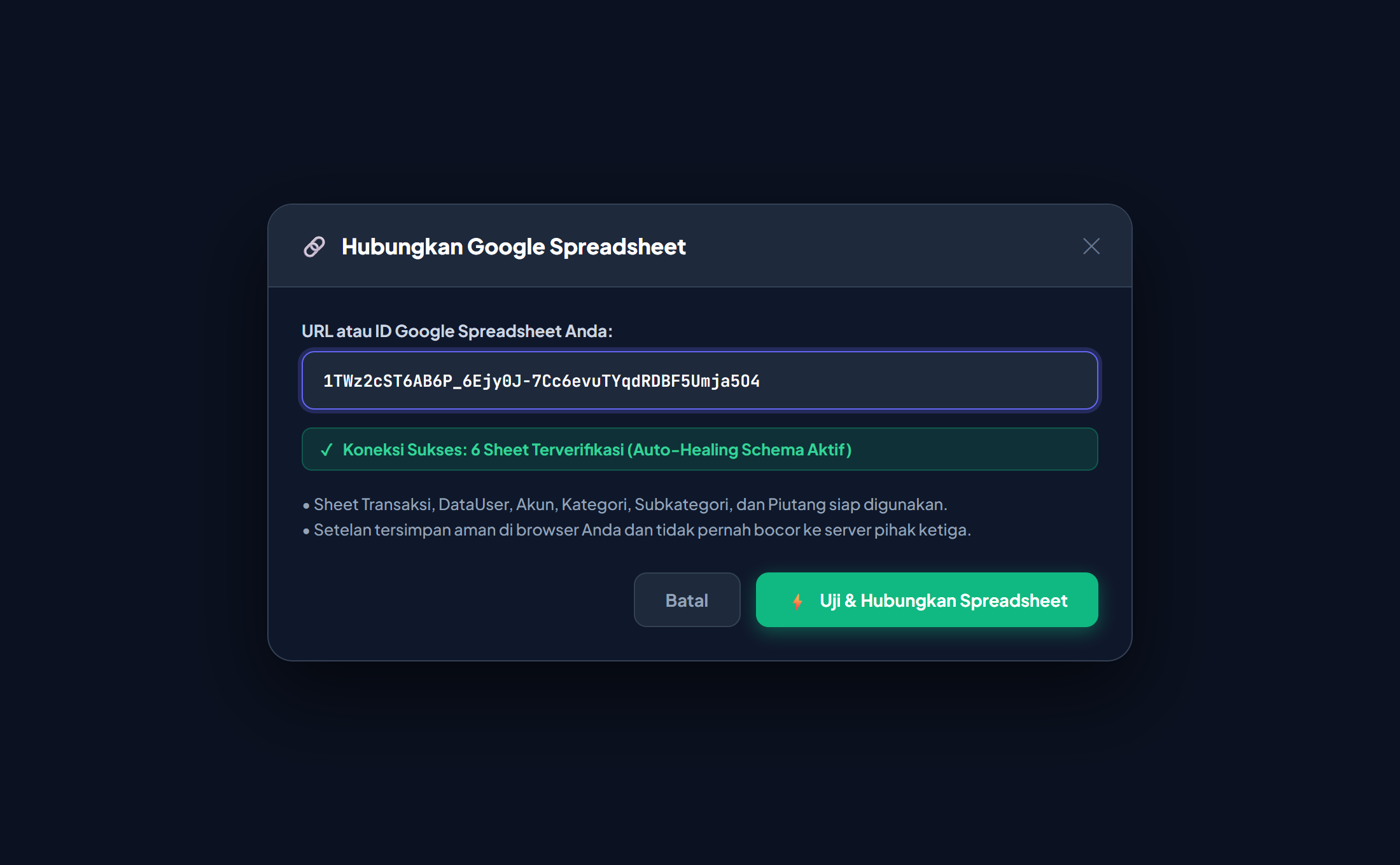 Modal Hubungkan Spreadsheet